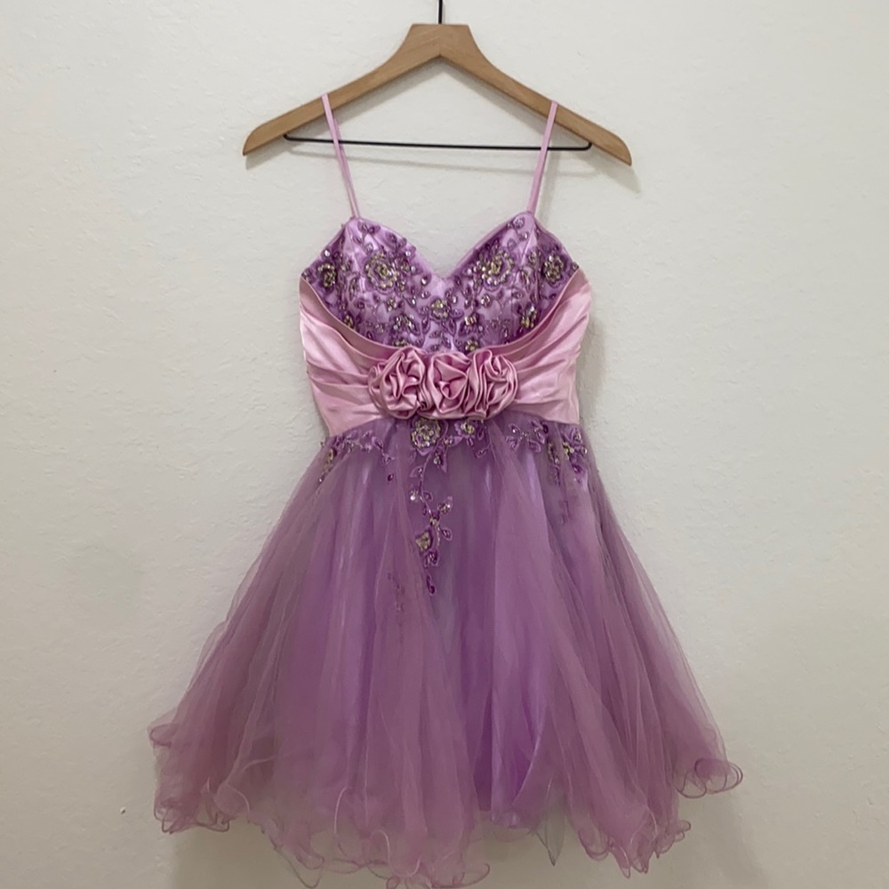 Lavender pink sequin and bead embroidered formal dress